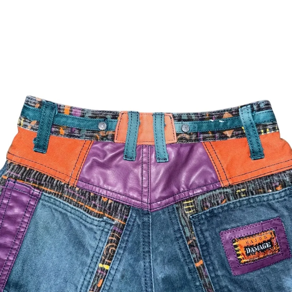 VTG 80 90s Major Damage Patchwork Denim Shorts Sz 22 Rare Y2K Hip Hop Streetwear